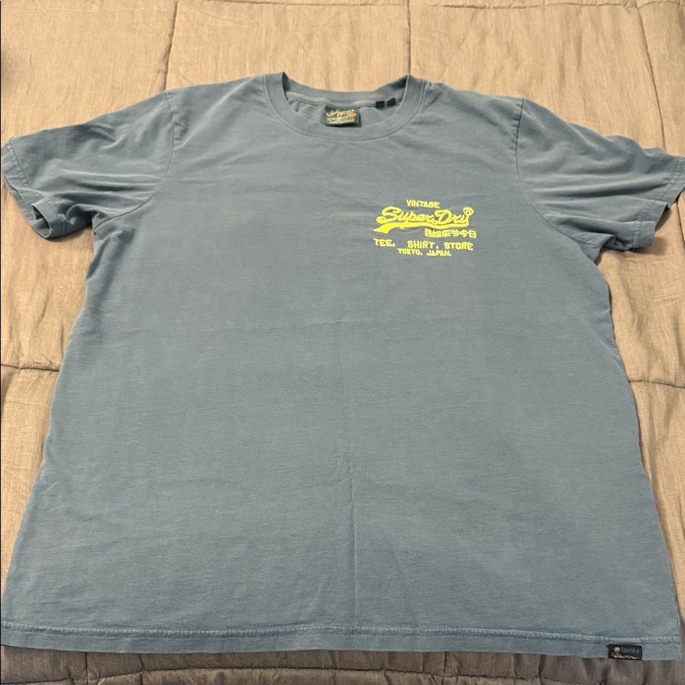 Superdry Short-Sleeve Tee in Dusty Blue with Neon Yellow Logo